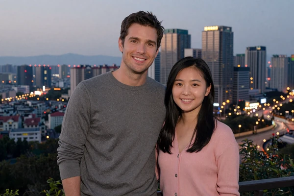 Brian and Mei smiling together overlooking a Chinese cityscape at dusk