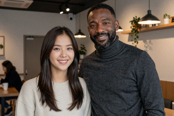 Robert and Jisoo sharing a warm moment together in a cozy Seoul cafe