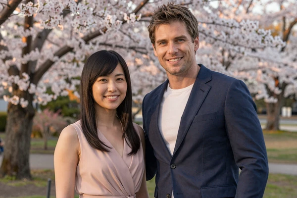 Michael and Yuki smiling together under cherry blossoms in a Japanese garden