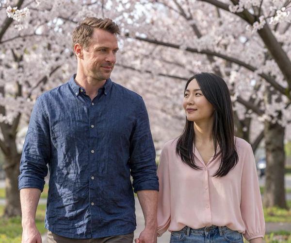 Interracial couple walking under cherry blossom trees representing cross-cultural romance on SakuraDate