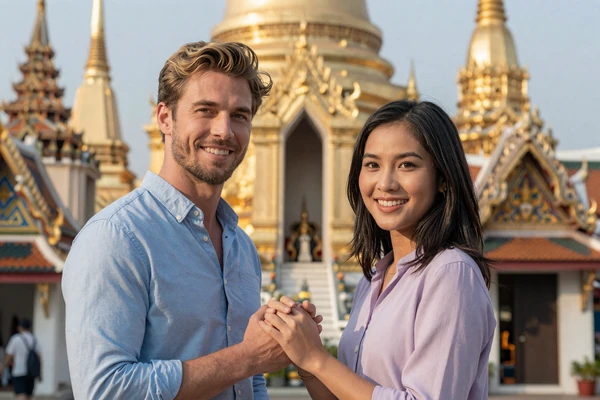 David and Narin holding hands at a golden Thai temple during afternoon light